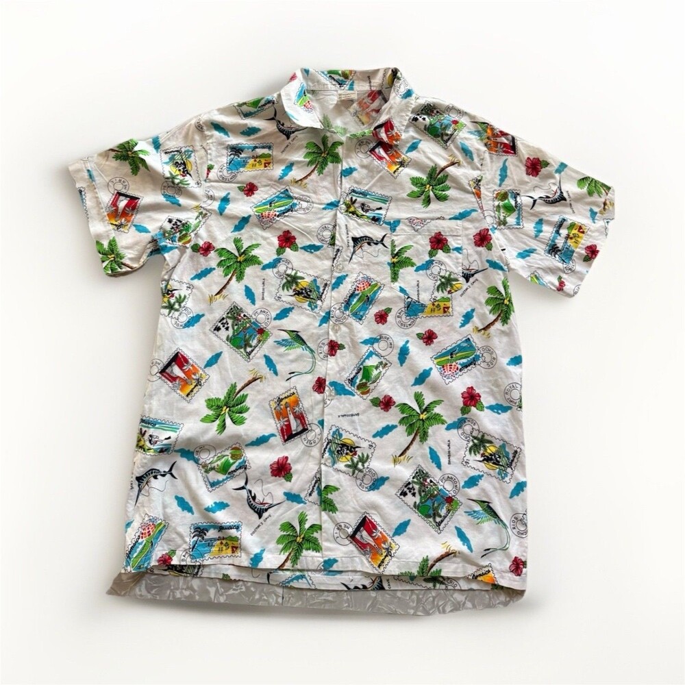 Rare Vintage 80s Sun Island Men's XL Postcard Print Short Sleeve Button-Up